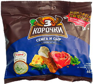 Сухарики ТРИ КОРОЧКИ сёмга с сыром и соусом тар-тар 60г+25мл (30)